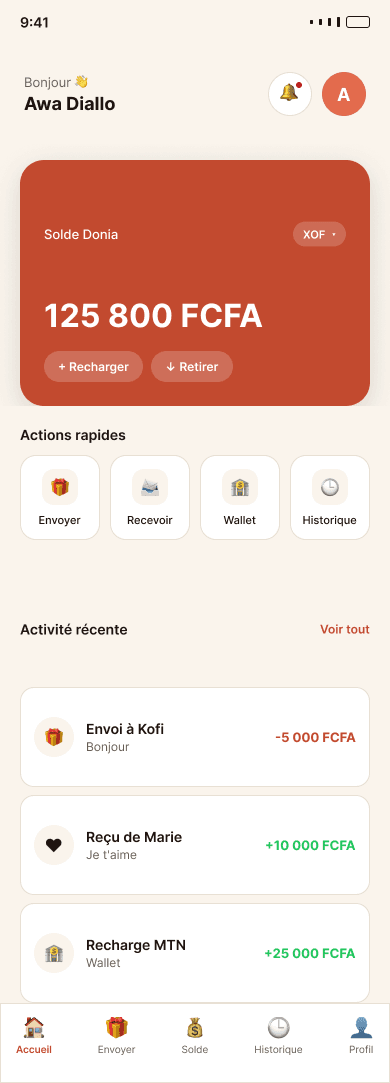Donia app — écran d'accueil